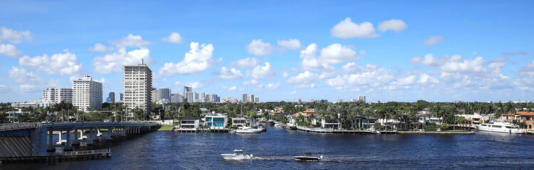 Panoramic view of downtown Fort Lauderdale skyline, as seen from the beach and Las Olas Boulevard. in Fort Lauderdale, Florida, USA. 