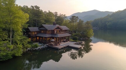 Obraz premium Grand lakehouse with spacious decks, private dock, serene lakeside setting 