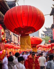 Fototapeta premium Celebrating Chinese New Year in Shanghai’s Old City With Vibrant Red Lanterns, Traditional Dragon Dances, and Authentic Street Food, Creating a Festive Cultural Landscape Full of Joy and Tradition