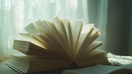 Open book with fanned pages in soft natural light by a window