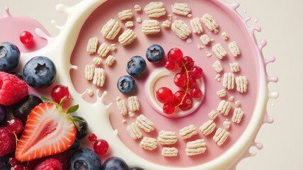 Bowl of pink yogurt topped with fresh blueberries and strawberries