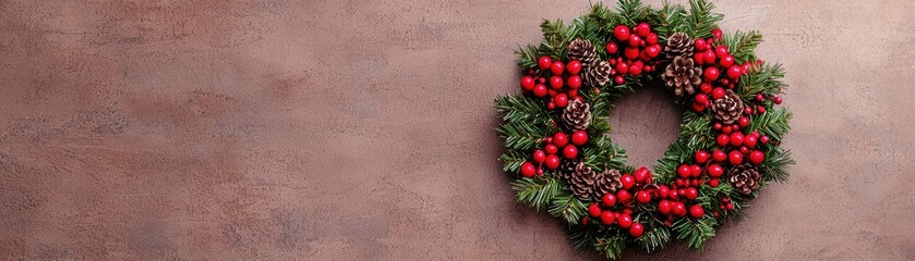 A festive wreath adorned with red berries and green foliage, perfect for holiday decoration.