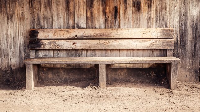 A baseball dugout's bench with weathered wood and dirt, outdoor setting with scattered light, Raw style