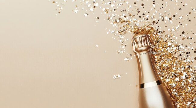 Gold Champagne Bottle and Confetti on Beige, Festive Celebration Background for Christmas, Birthday, Wedding, Anniversary, or New Year Invitation