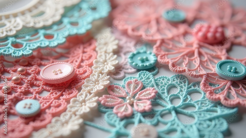 Poster A close up of buttons and lace with a pink background
