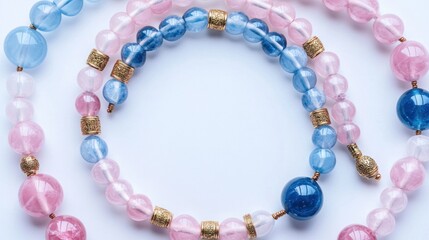 Colorful beads in pink, blue, and clear tones arranged in a decorative pattern.