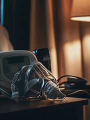 Close up of CPAP mask and equipment on bedside table, showcasing intricate details of mask and surrounding medical devices, creating serene nighttime atmosphere