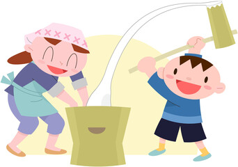 餅つきをする子供