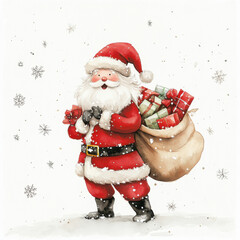 Cheerful Santa Claus with gifts in snowy background, spreading holiday joy