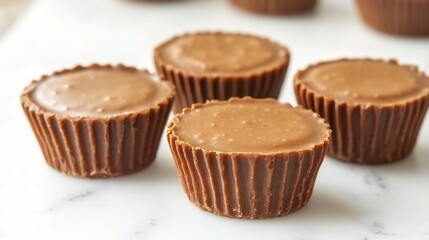 Healthy Keto Stevia, Keto Peanut Butter Cups Sweetened with Stevia on Marble Slab with Copy Space