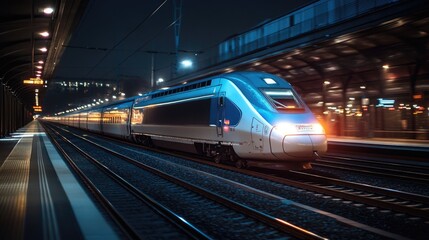 Naklejka premium Modern high speed train arriving at railway station at night