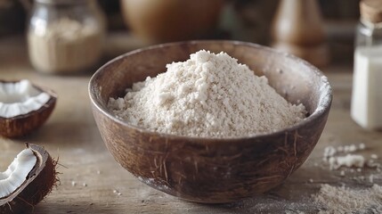 Fototapeta premium Natural Coconut Sugar, Organic Coconut Sugar and Gluten-free Flour Baking in a Rustic Kitchen Bowl