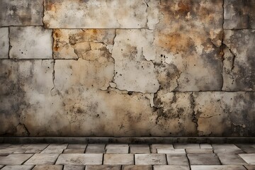 Fototapeta premium Aged stone wall with a layer of grime smooth but worn floor tiles grunge division, Ai Generated