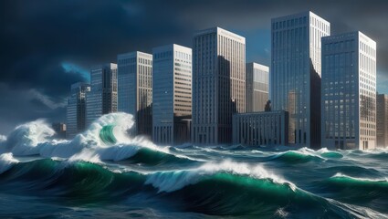 Obraz premium Economic risk with inflation and fluctuation concept. A dramatic cityscape where towering buildings are engulfed by tumultuous ocean waves under a moody sky.