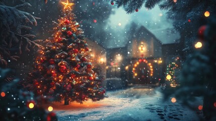 A snow-covered Christmas tree with twinkling lights stands in front of a cozy house with a festive wreath on the door.