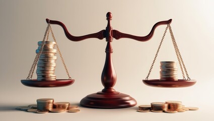 Economic risk with inflation and fluctuation concept. A wooden scale balanced with stacks of coins, symbolizing the concept of justice, equity, and financial balance.