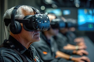 Engineers using virtual reality goggles working in control room