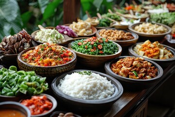 Fototapeta premium Traditional balinese dishes served in earthenware bowls on wooden table