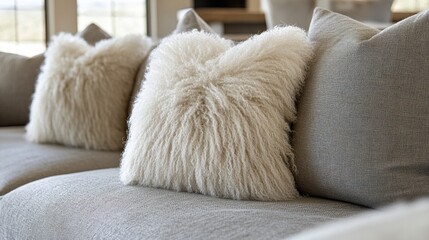 Two white fluffy pillows on a grey couch.
