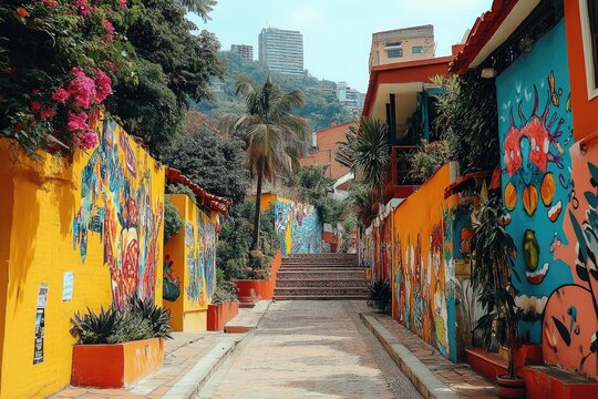Colorful street art decorating buildings in comuna 13, medellin, colombia