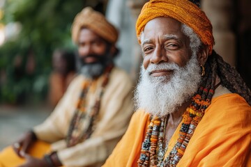 Fototapeta premium Smiling sadhu wearing orange turban and beaded necklaces posing in temple