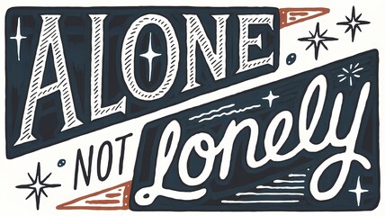 Hand-Drawn Typography Illustration of "Alone, Not Lonely" in Bold Serif and Soft Script, Featuring Abstract Stars and a Muted Color Palette of Deep Blues and Earthy Tones