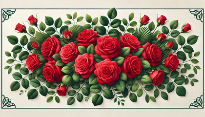 Elegant Arrangement of Red Roses with Green Leaves and Decorative Border