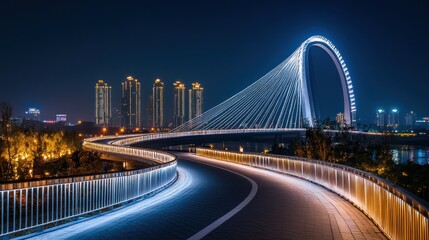 Fototapeta premium A modern bridge with a unique arch design is illuminated at night. The bridge is a popular spot for people to walk or bike and offers a stunning view of the city skyline.