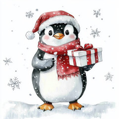 Cute penguin wearing Santa hat and scarf, holding gift box in snowy scene. Perfect for holiday themes and festive decorations