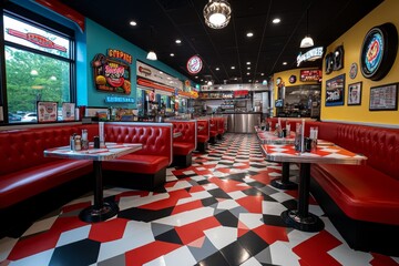 Retro diner interior with bright colors, checkered floors, and red leather seating booths