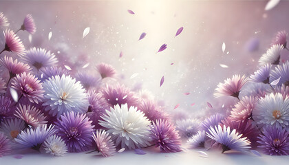 Beautiful Purple and White Daisy Flowers with Floating Petals and Soft Glow