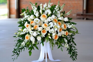 Fototapeta premium Ribbon cascading from a bouquet of flowers, adding a touch of elegance and romance