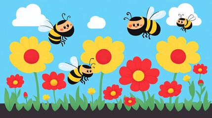 Five cartoon bees flying above a field of yellow and red flowers against a blue sky with white clouds.