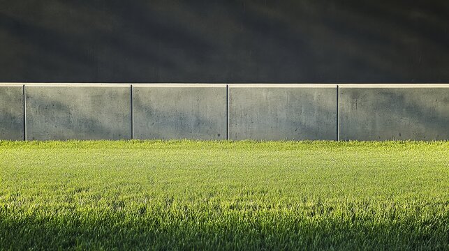 A baseball field's outfield wall with grass and wall padding details, outdoor setting with late afternoon sun, Earthy style