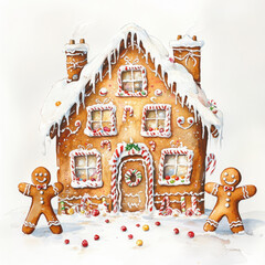Gingerbread house decorated with icing and candy, surrounded by snow. Two gingerbread men stand in front, creating festive and cheerful holiday scene