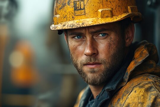 Portrait of construction worker wearing hard hat and dirty work clothes