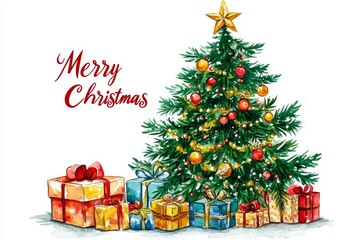 Christmas tree with toys and gifts, illustration on a white background. A Merry Christmas card. 