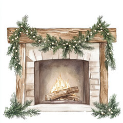 Cozy fireplace decorated with greenery and lights, creating warm atmosphere. Perfect for winter holidays and festive gatherings