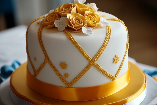 Shiny gold ribbon used as an accent on a wedding cake, creating a touch of luxury and refinement