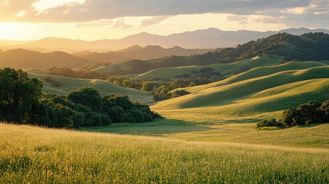 Golden sunset illuminating rolling hills and lush green grass
