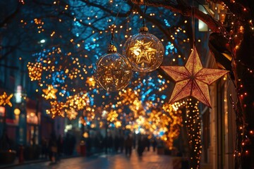 Christmas street decorated with glowing stars and balls illuminating evening cityscape