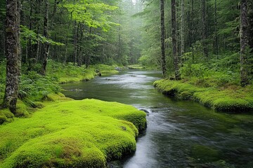 Obraz premium Pristine river flowing through lush green forest and mossy banks