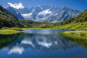 Hooker lake reflecting mount cook on a sunny day in new zealand
