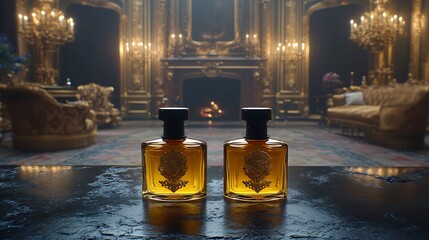 Two bottles of luxury perfume on a table in a grand living room with fireplace and opulent decor.