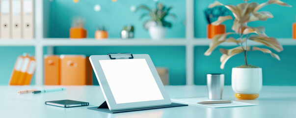 Fototapeta premium Creative workspace setup with tablet and plant modern office interior design minimalist environment professional viewpoint productivity concept