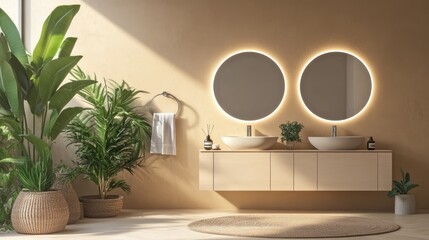 Modern Bathroom Design Featuring Elegant Mirrors, Stylish Sink Fixtures, Lush Green Plants, and Serene Interior Aesthetics for Relaxation and Wellness Environments