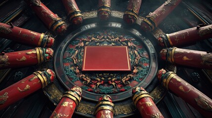 Fototapeta premium Intricate Architectural Design Featuring Ornate Columns, Elaborate Decorative Elements, and Rich Red and Gold Color Palette in a Traditional Setting
