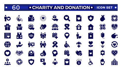 charity and donation icon set. Charity and Volunteering Solid style of philanthropic icons: almsgiving, helping those in need, donation, contribution, humanism, altruism 