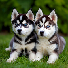 Obraz premium Siberian husky puppies sitting side by side on a lawn