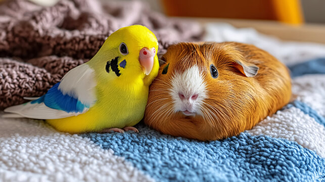 A colorful budgie gently resting next to a guinea pig